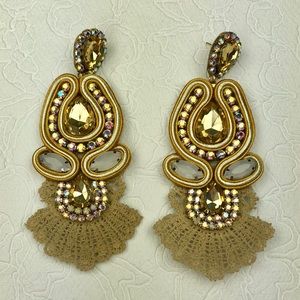 Gold White Glam Chandelier Statement Earrings